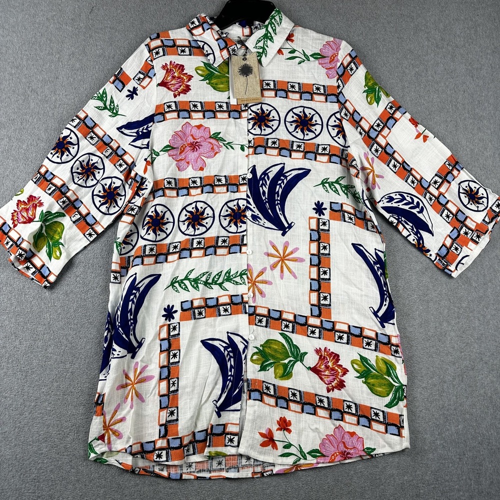 Label of Love Shirt Womens Small Multicolor Linen Blend Floral Button Up Tunic